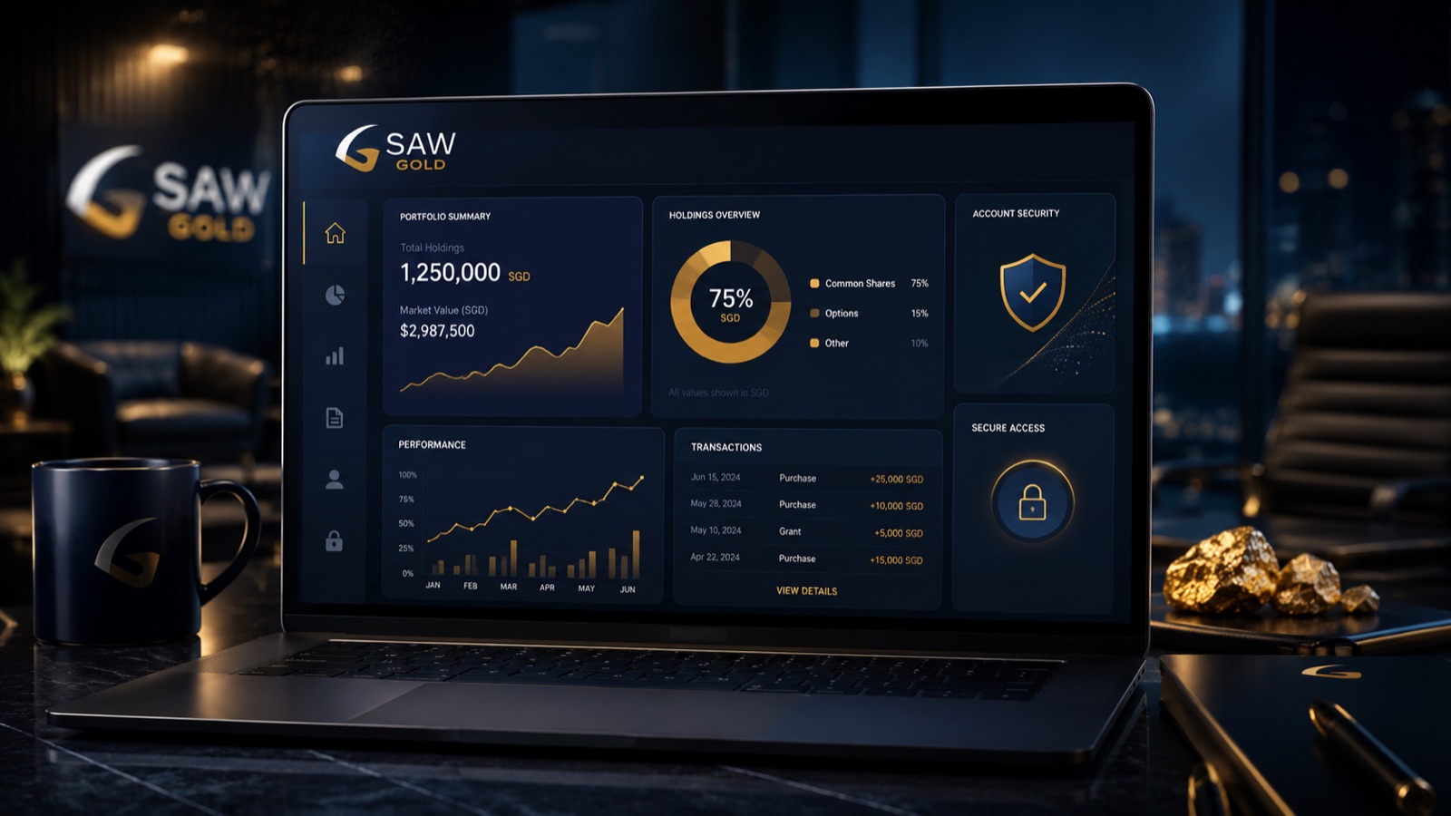 SAW GOLD shareholder portal laptop dashboard