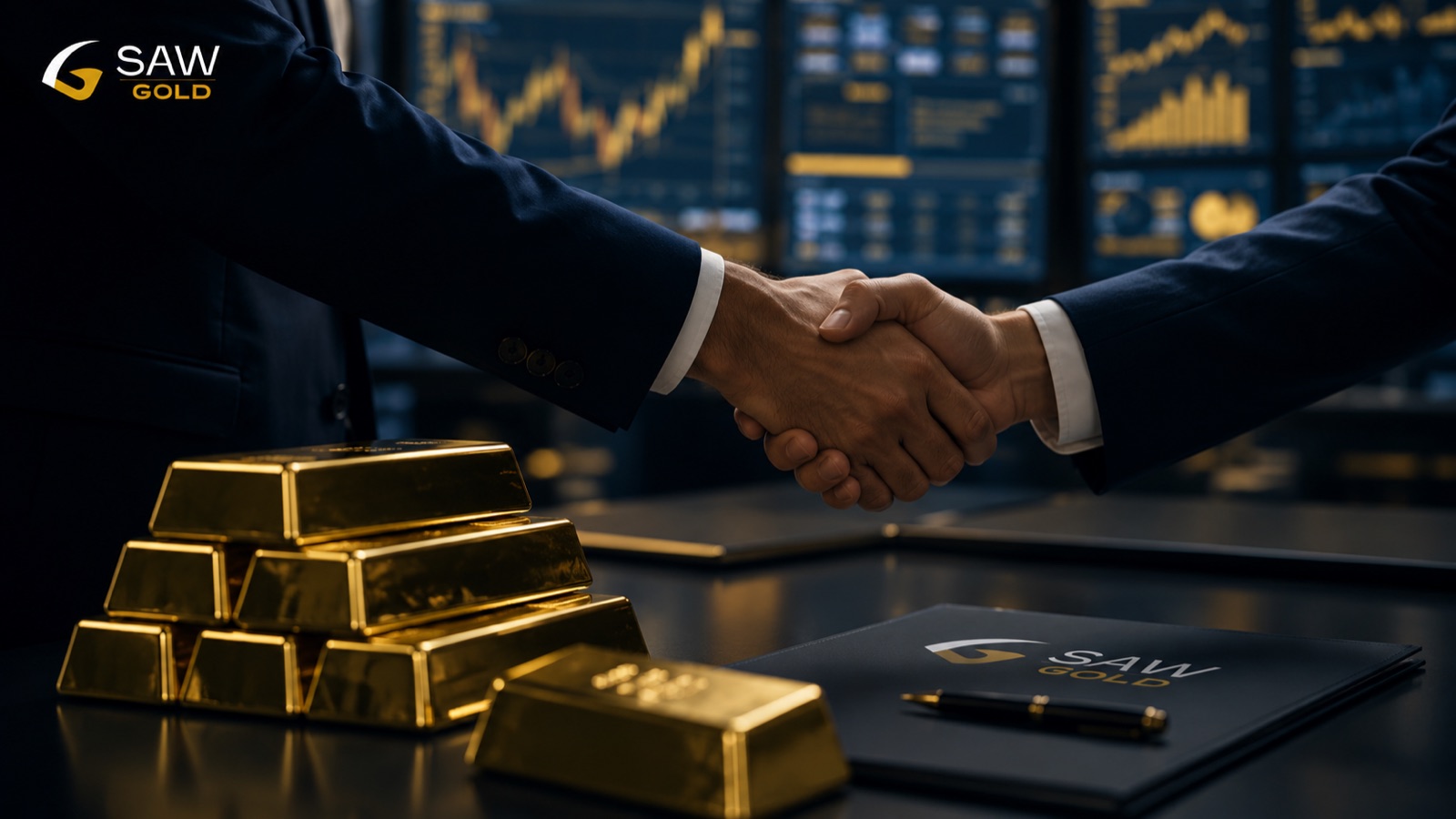 SAW GOLD gold trading desk with gold bars and handshake